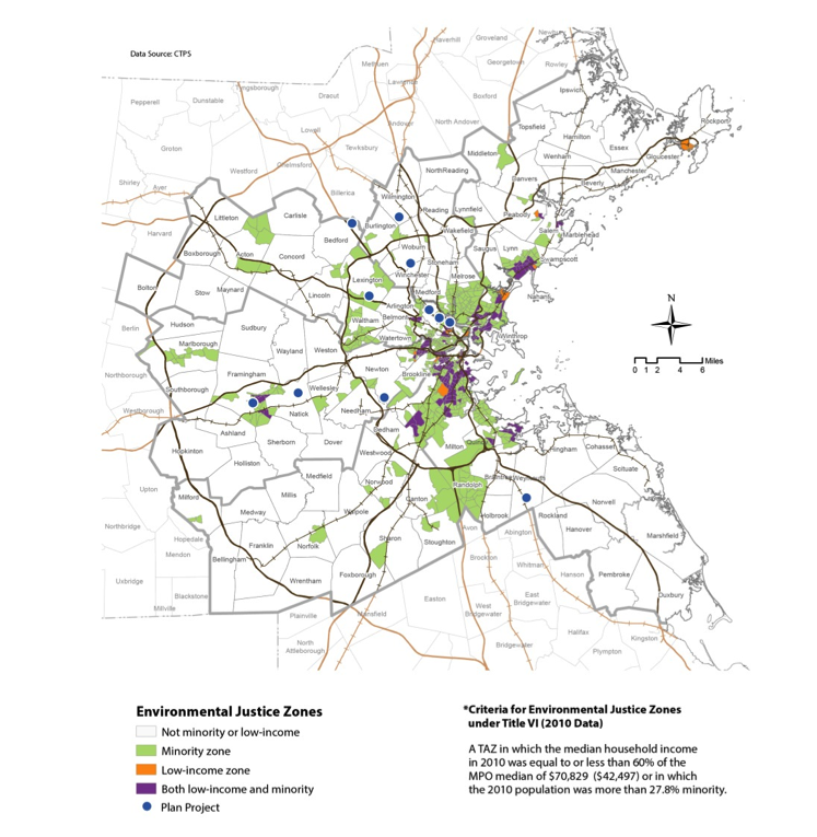 Figure 7.1 shows the transportation equity analysis zones in the Boston Region MPO and the major infrastructure projects in the recommended plan.